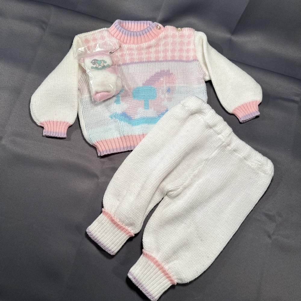 Vtg Childwise 1980s Baby Girl 3 piece Sweater Outfit Pastel Rocking Horse 6-9mo